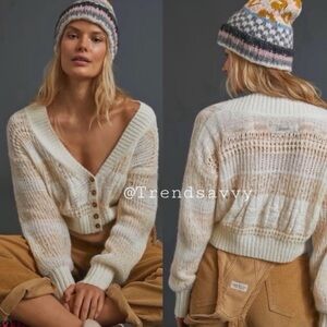 Anthropologie Ivory Pilcro Scarlette Pointelle Cropped Cardigan Sweater M NWT